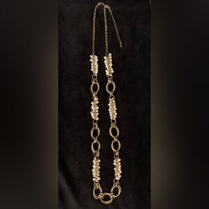 Necklace Costume Jewelry Gold Chain Link & White Pearl Bead Clusters Long